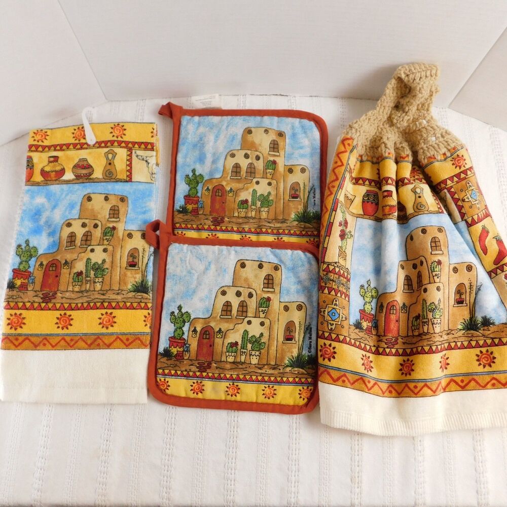 Kay Dee Kitchen Towel Set Southwest Pueblo Design Multicolor Cotton Hot Pads 4pc